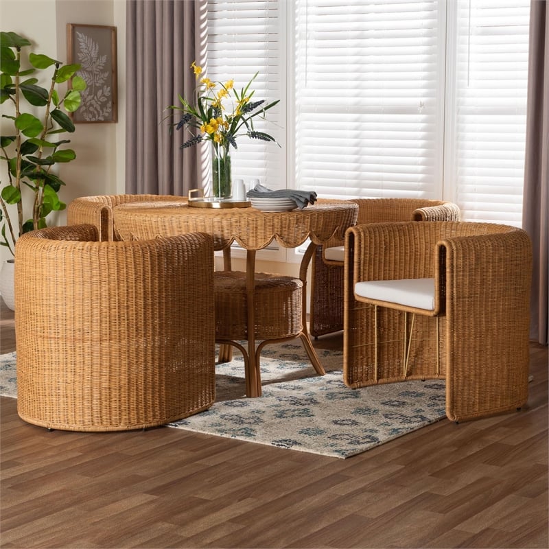 Pemberly Row Natural Rattan 5-Piece Barrel Chair Dining Set with Round Table