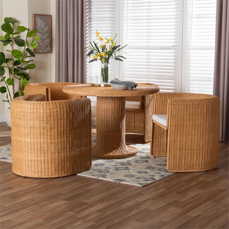 Pemberly Row Natural Rattan 5-Piece Barrel Chair Dining Set with Braided Table