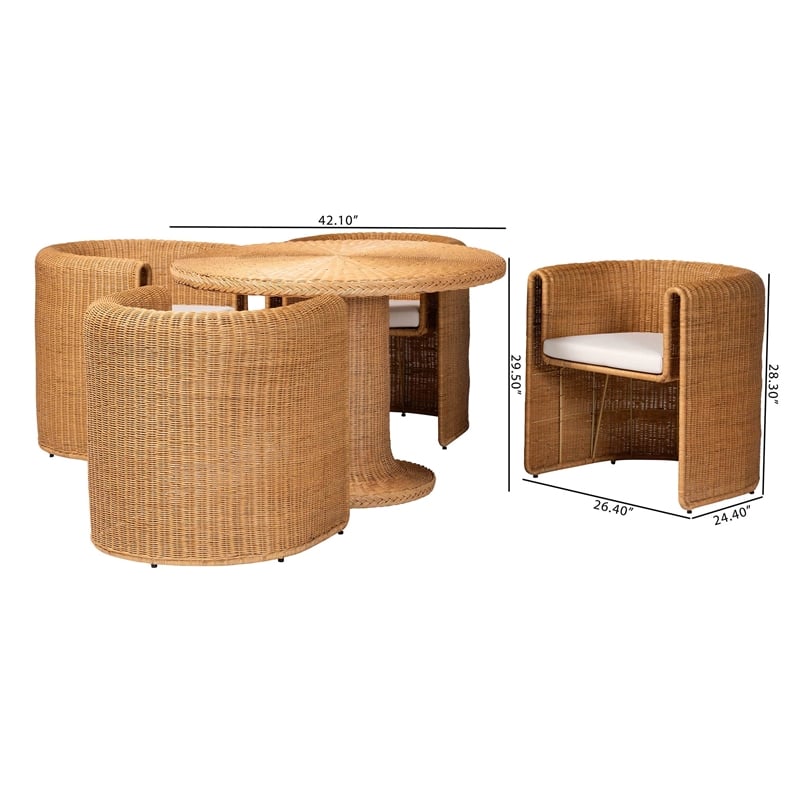 Pemberly Row Natural Rattan 5-Piece Barrel Chair Dining Set with Braided Table