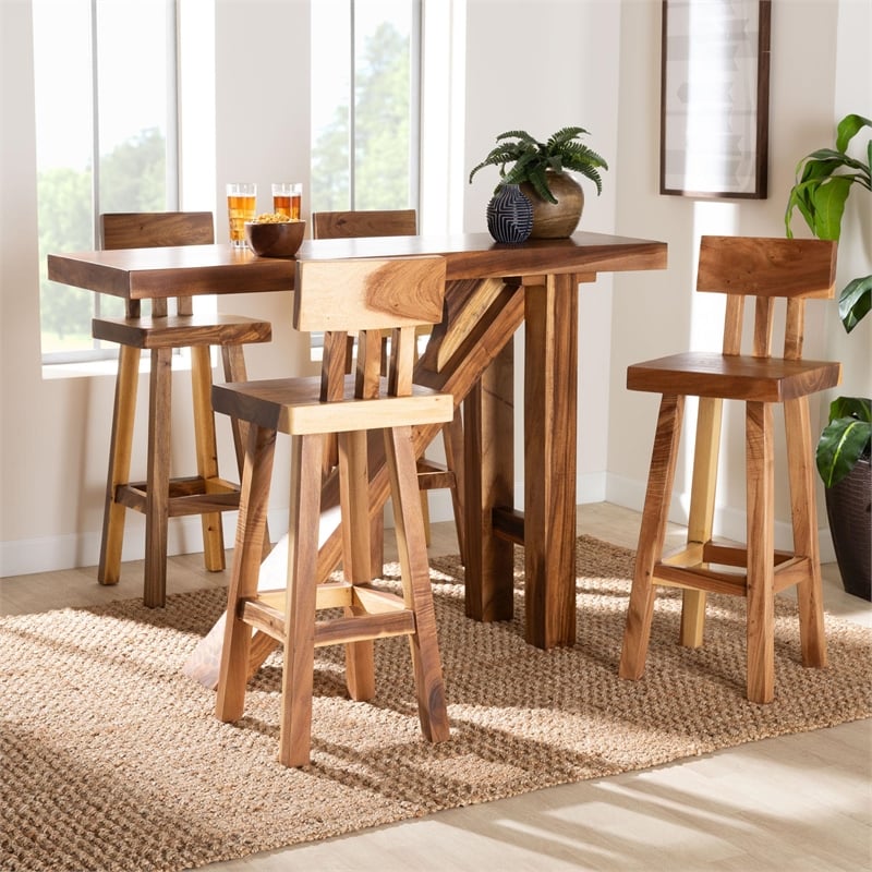 Pemberly Row Solid Suar Wood 5-Piece Bar-Height Dining Set with 4 Stools