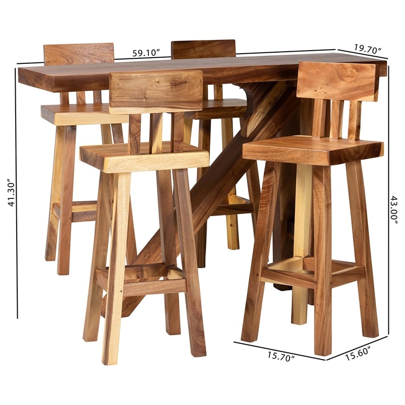 Pemberly Row Solid Suar Wood 5-Piece Bar-Height Dining Set with 4 Stools