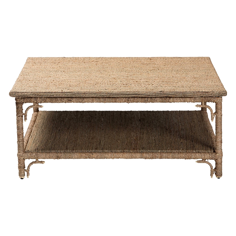Pemberly Row Handwoven Seagrass Square Coffee Table with Lower Shelf