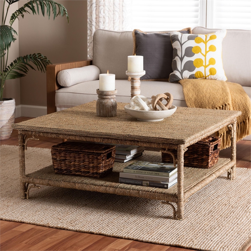 Pemberly Row Handwoven Seagrass Square Coffee Table with Lower Shelf