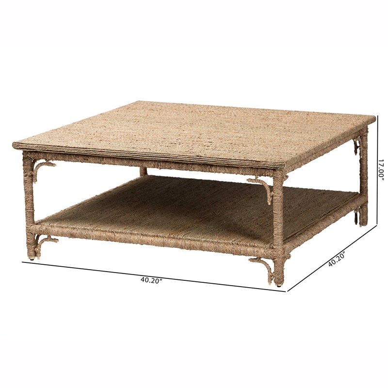 Pemberly Row Handwoven Seagrass Square Coffee Table with Lower Shelf