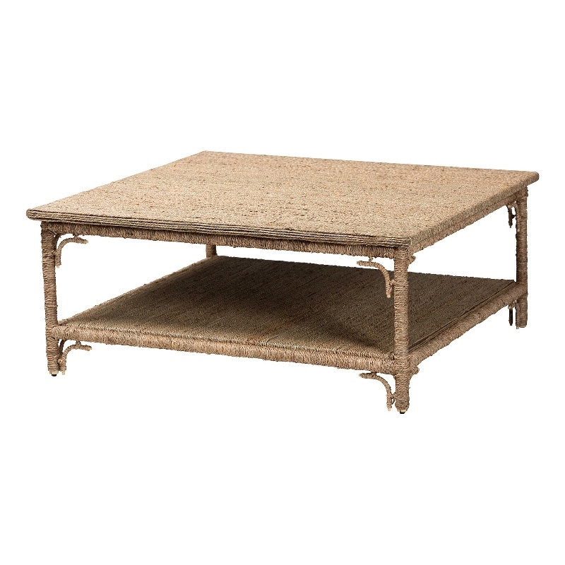 Pemberly Row Handwoven Seagrass Square Coffee Table with Lower Shelf
