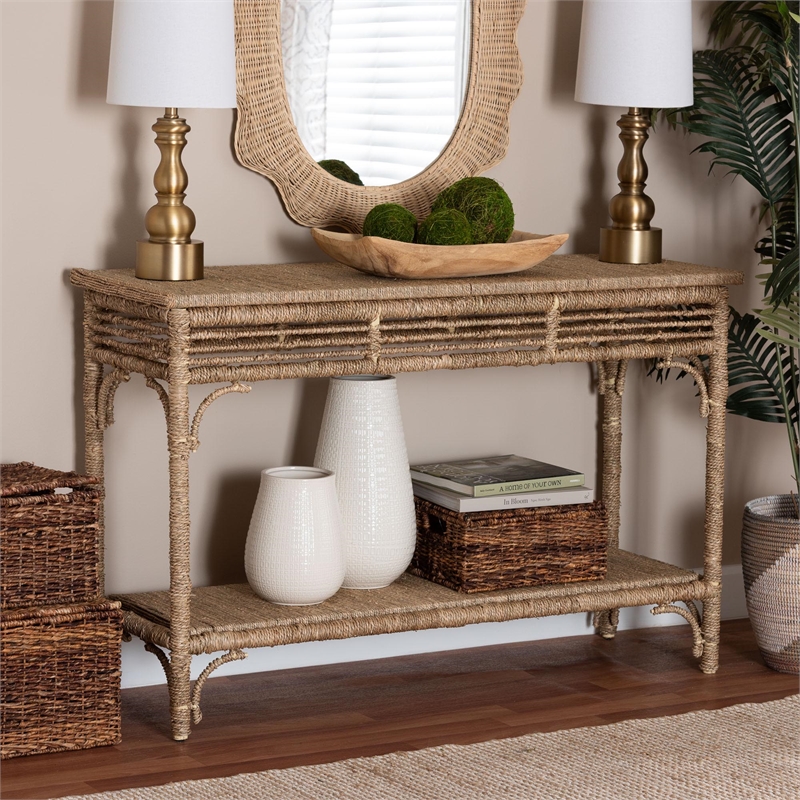 Pemberly Row Handwoven Seagrass Console Table with Openwork Border