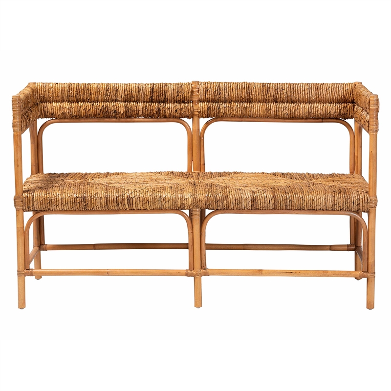 Pemberly Row Natural Rattan and Seagrass Bench with Geometric Woven Seats