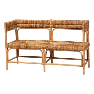 Pemberly Row Natural Rattan and Seagrass Bench with Geometric Woven Seats