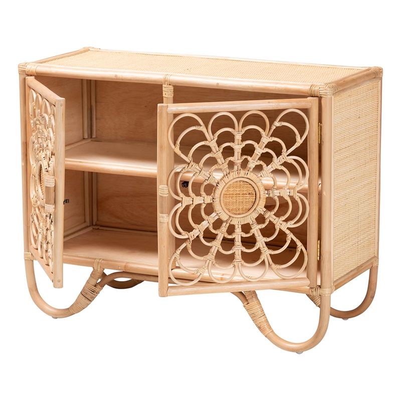 Pemberly Row Natural Rattan 2-Shelf Storage Cabinet with Curved Legs