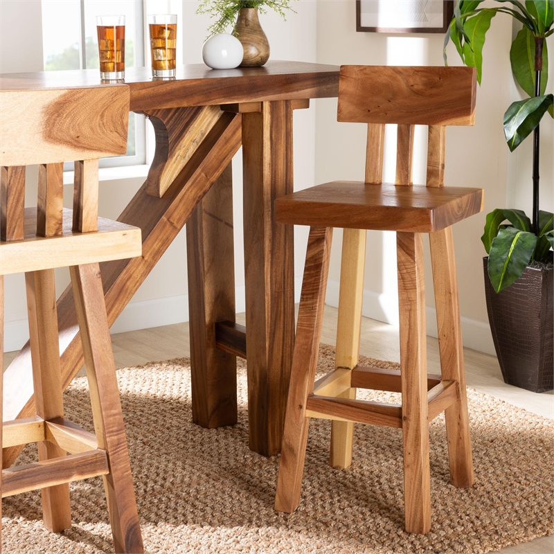 Pemberly Row Solid Suar Wood Hand-Carved Bar Stool with Footrest