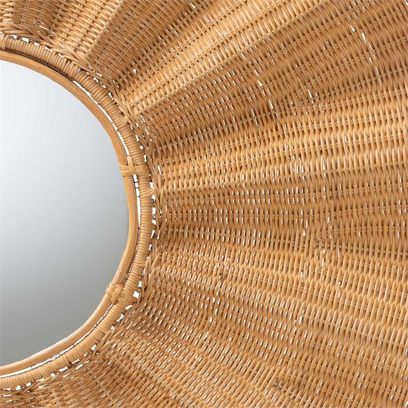 Pemberly Row Natural Rattan Round Wall Mirror with Scalloped Frame
