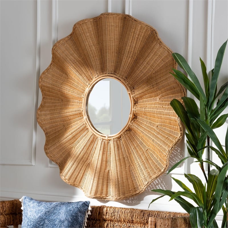 Pemberly Row Natural Rattan Round Wall Mirror with Scalloped Frame