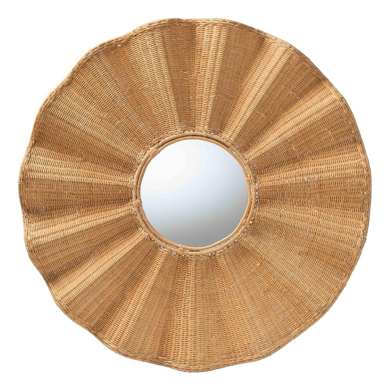 Pemberly Row Natural Rattan Round Wall Mirror with Scalloped Frame