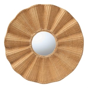 Pemberly Row Natural Rattan Round Wall Mirror with Scalloped Frame