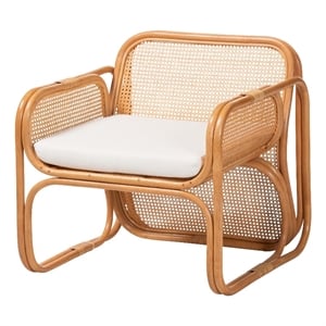 Pemberly Row Natural Rattan Armchair with Woven Panels and Removable Cushion