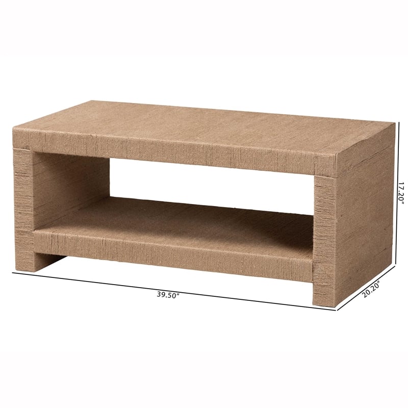 Pemberly Row Handwoven Jute Rectangular Coffee Table with Open Shelf