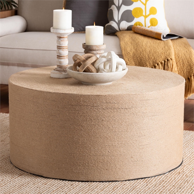 Pemberly Row Handwoven Jute Round Coffee Table with Smooth Base