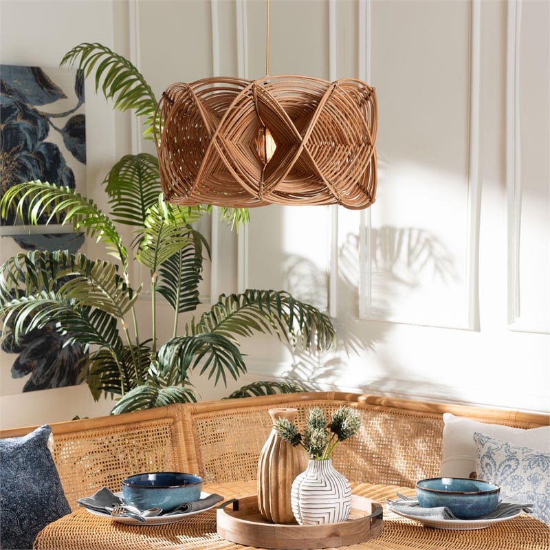 Pemberly Row Natural Rattan Geometric Pendant Lampshade for Ceiling Fixture