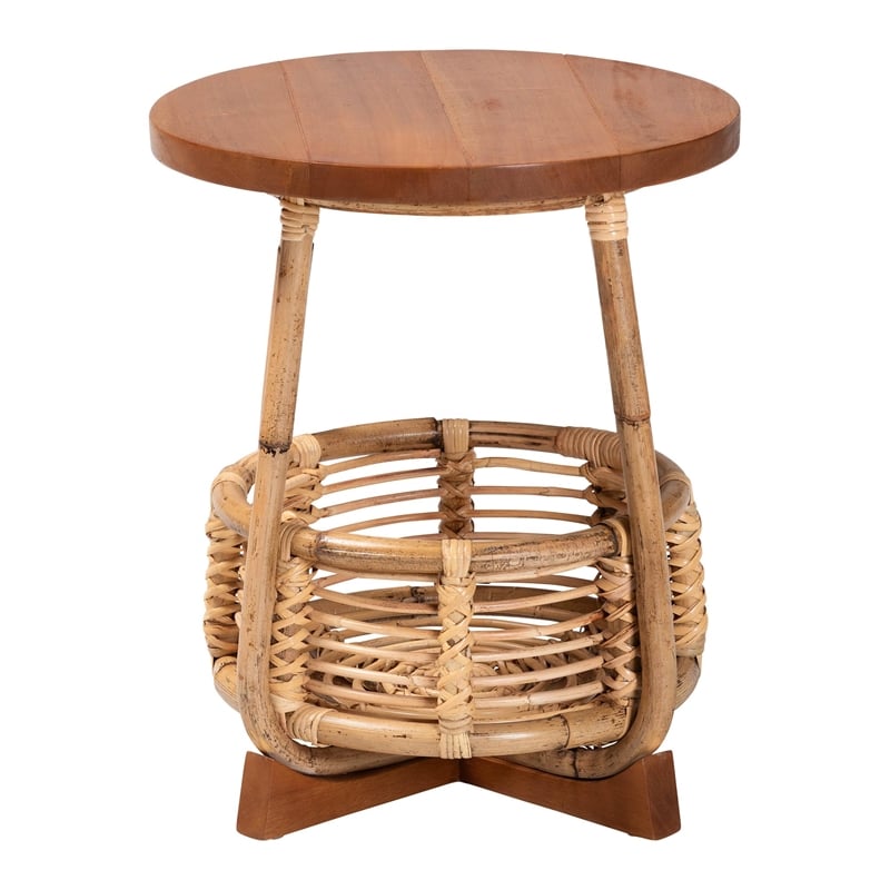 Pemberly Row Natural Rattan End Table with Basket Base and Wood Top