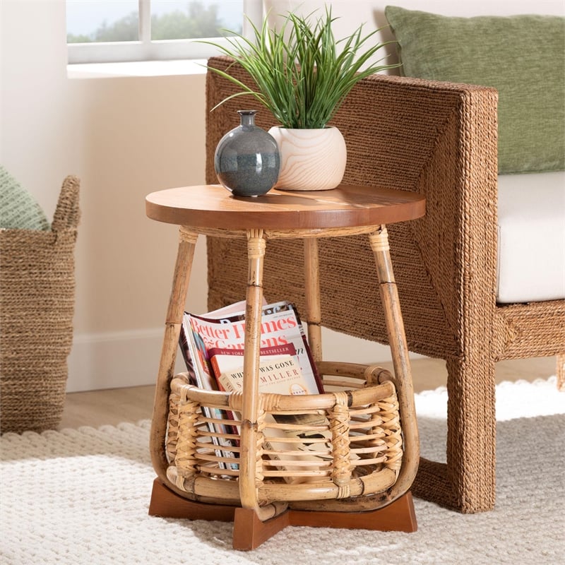 Pemberly Row Natural Rattan End Table with Basket Base and Wood Top