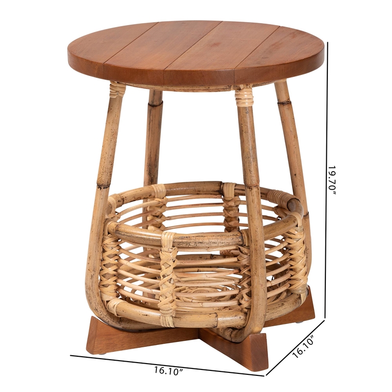 Pemberly Row Natural Rattan End Table with Basket Base and Wood Top