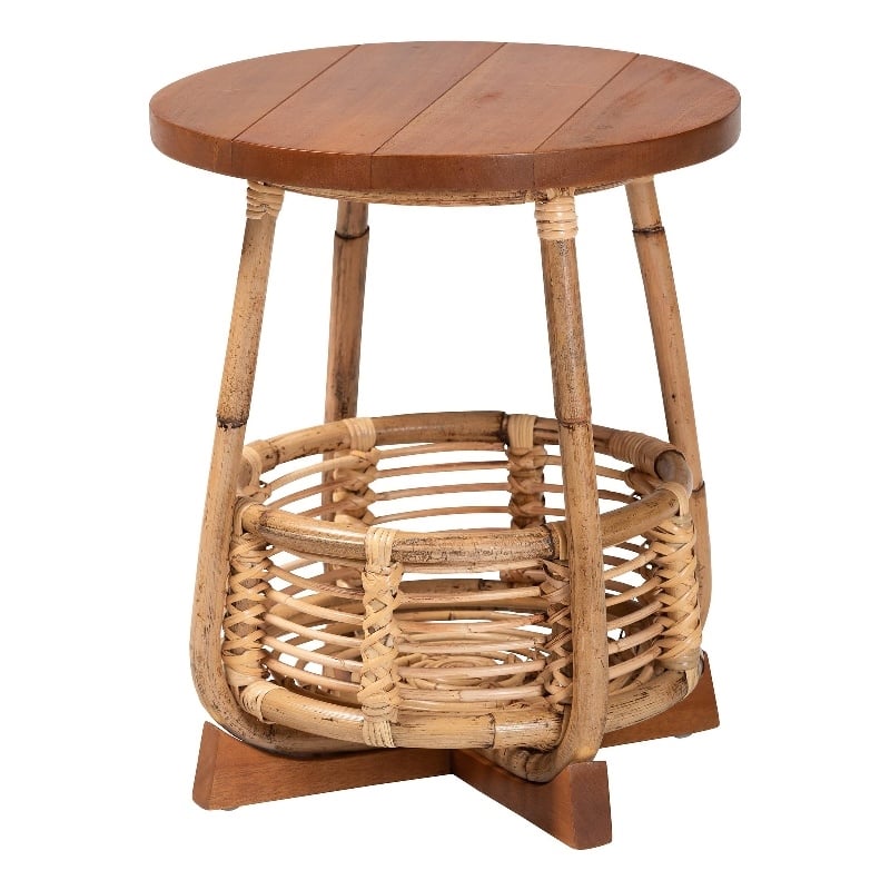 Pemberly Row Natural Rattan End Table with Basket Base and Wood Top