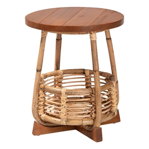 Pemberly Row Natural Rattan End Table with Basket Base and Wood Top