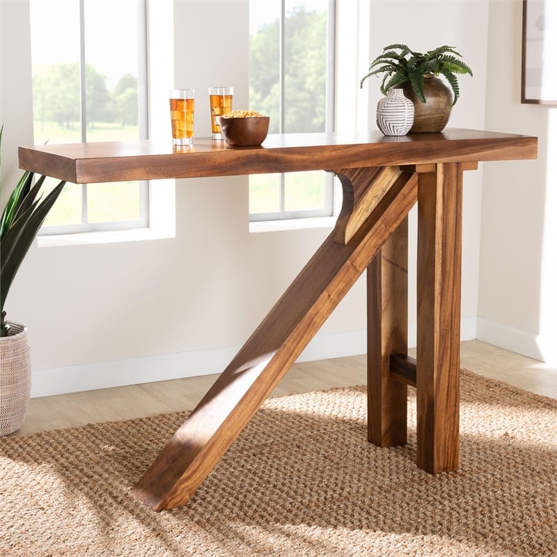 Pemberly Row Solid Suar Wood Bar Table with Tripod Base Seats 4