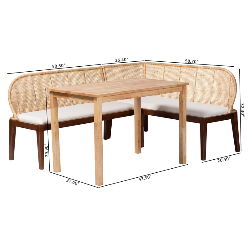 Pemberly Row 3-Piece L-Shaped Rattan Corner Dining Nook Set Seats 4