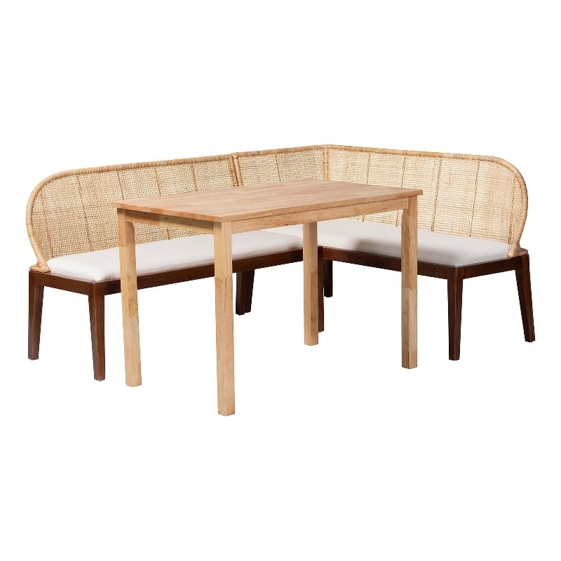 Pemberly Row 3-Piece L-Shaped Rattan Corner Dining Nook Set Seats 4