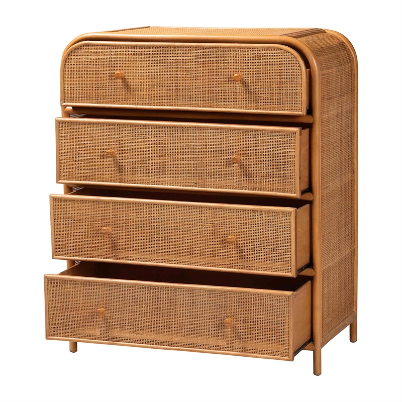 Pemberly Row Natural Rattan 4-Drawer Storage Cabinet with Wood Pulls