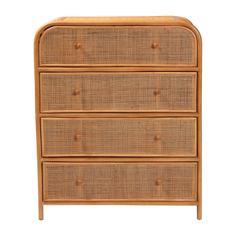 Pemberly Row Natural Rattan 4-Drawer Storage Cabinet with Wood Pulls