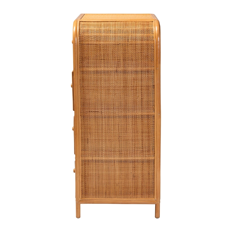 Pemberly Row Natural Rattan 4-Drawer Storage Cabinet with Wood Pulls