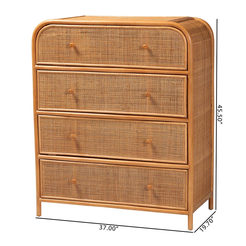Pemberly Row Natural Rattan 4-Drawer Storage Cabinet with Wood Pulls