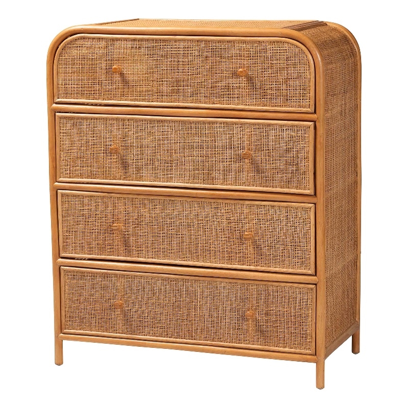 Pemberly Row Natural Rattan 4-Drawer Storage Cabinet with Wood Pulls