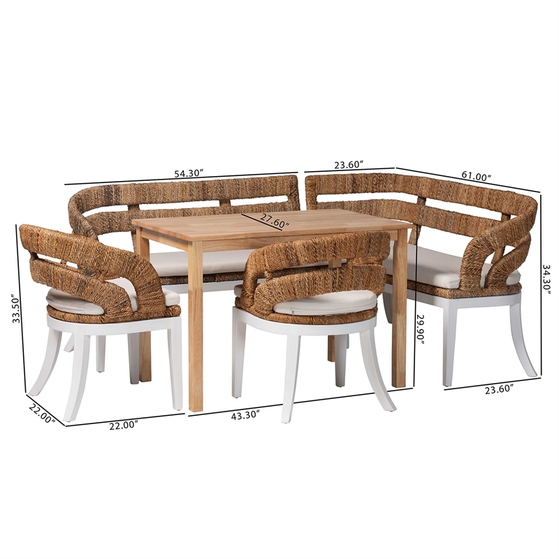 Pemberly Row 5-Piece Seagrass Dining Nook Set with L-Shaped Benches and Chairs