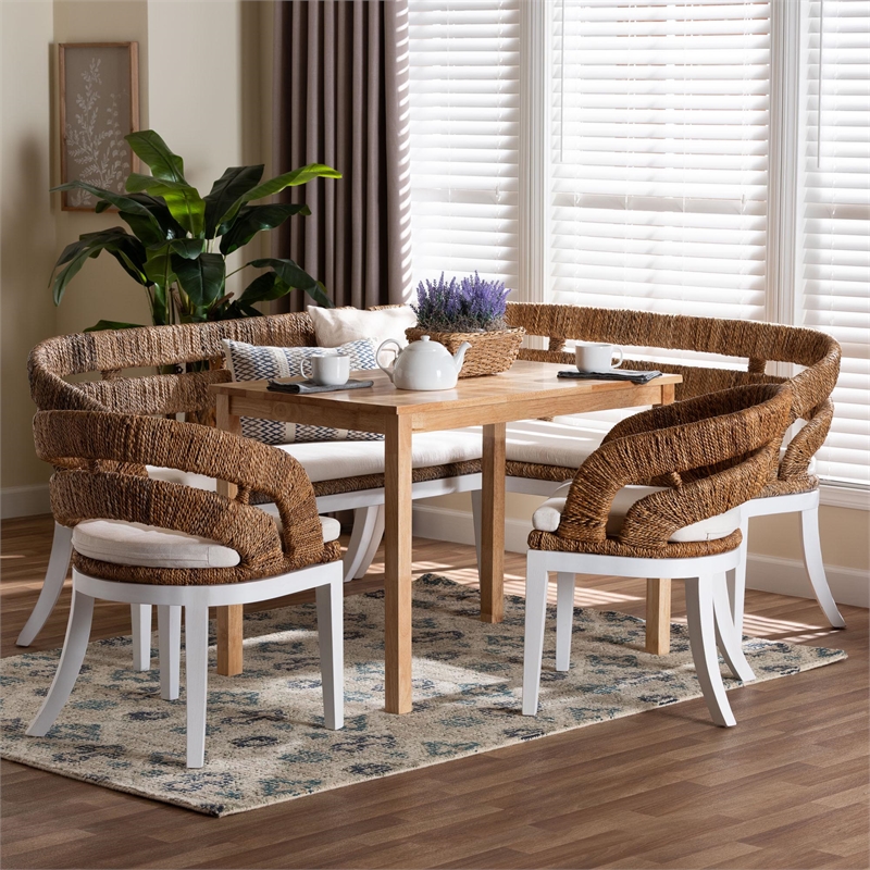 Pemberly Row 5-Piece Seagrass Dining Nook Set with L-Shaped Benches and Chairs
