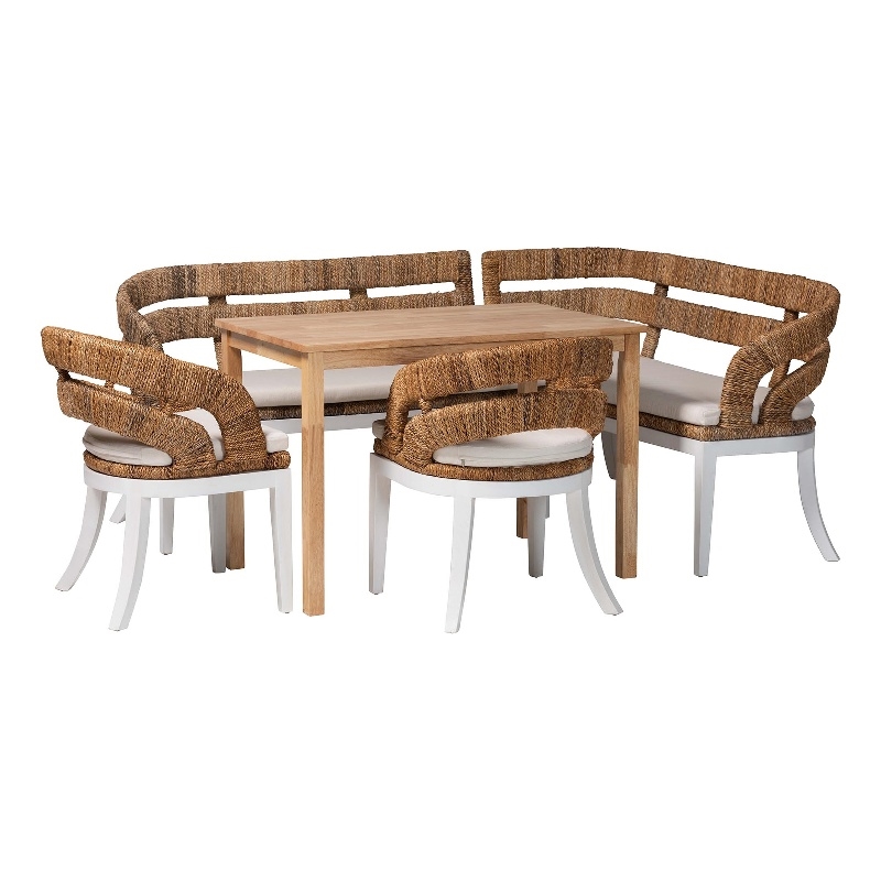Pemberly Row 5-Piece Seagrass Dining Nook Set with L-Shaped Benches and Chairs