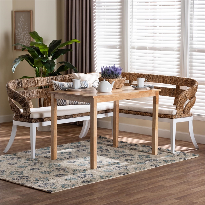 Pemberly Row 3-Piece Seagrass Dining Nook Set with L-Shaped Corner Benches