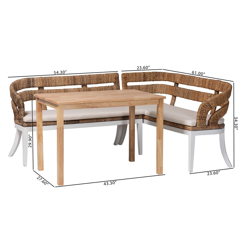 Pemberly Row 3-Piece Seagrass Dining Nook Set with L-Shaped Corner Benches