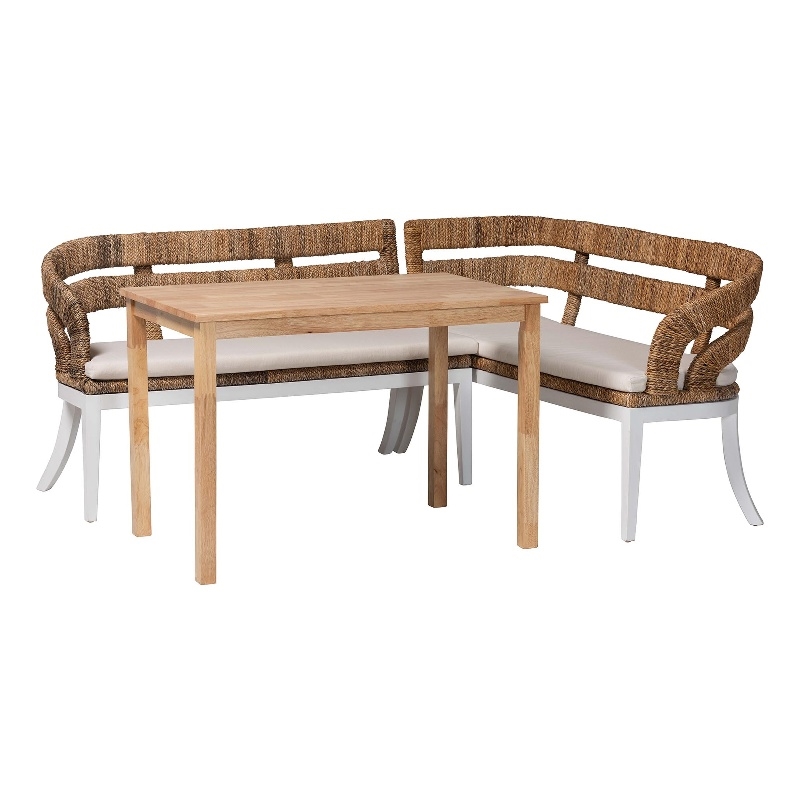 Pemberly Row 3-Piece Seagrass Dining Nook Set with L-Shaped Corner Benches