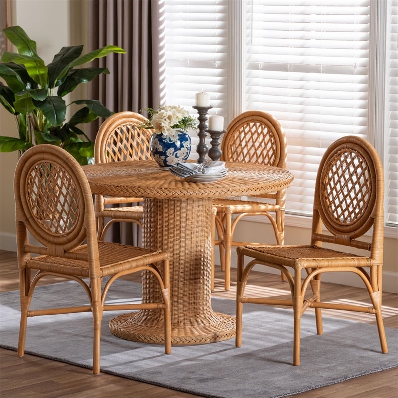 Pemberly Row 5-Piece Natural Rattan Dining Set in Honey with Braided Table
