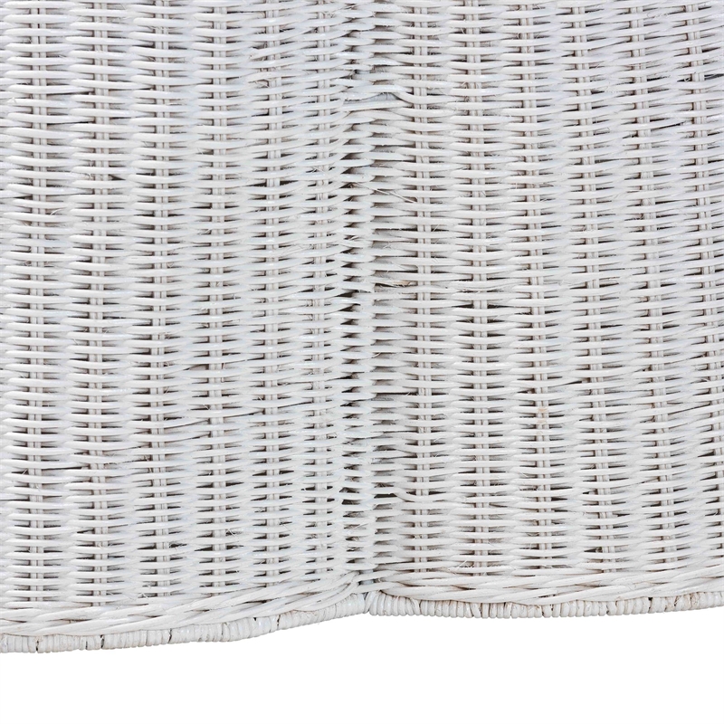 Pemberly Row White Rattan Round Coffee Table with Scalloped Base