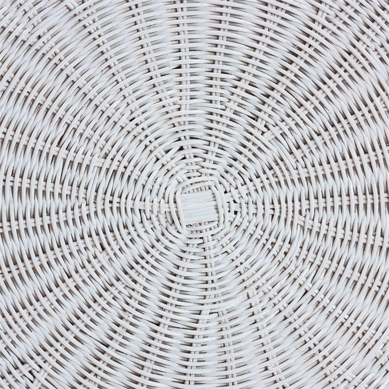 Pemberly Row White Rattan Round Coffee Table with Scalloped Base