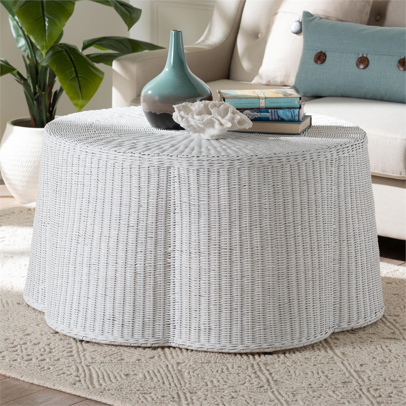 Pemberly Row White Rattan Round Coffee Table with Scalloped Base