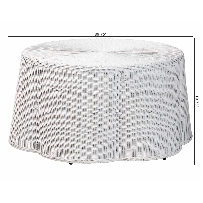 Pemberly Row White Rattan Round Coffee Table with Scalloped Base