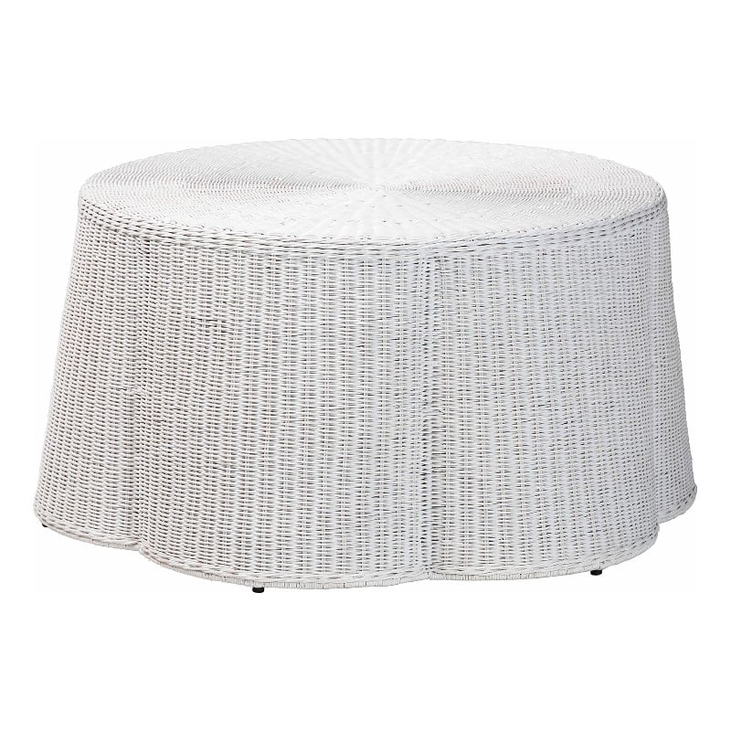 Pemberly Row White Rattan Round Coffee Table with Scalloped Base