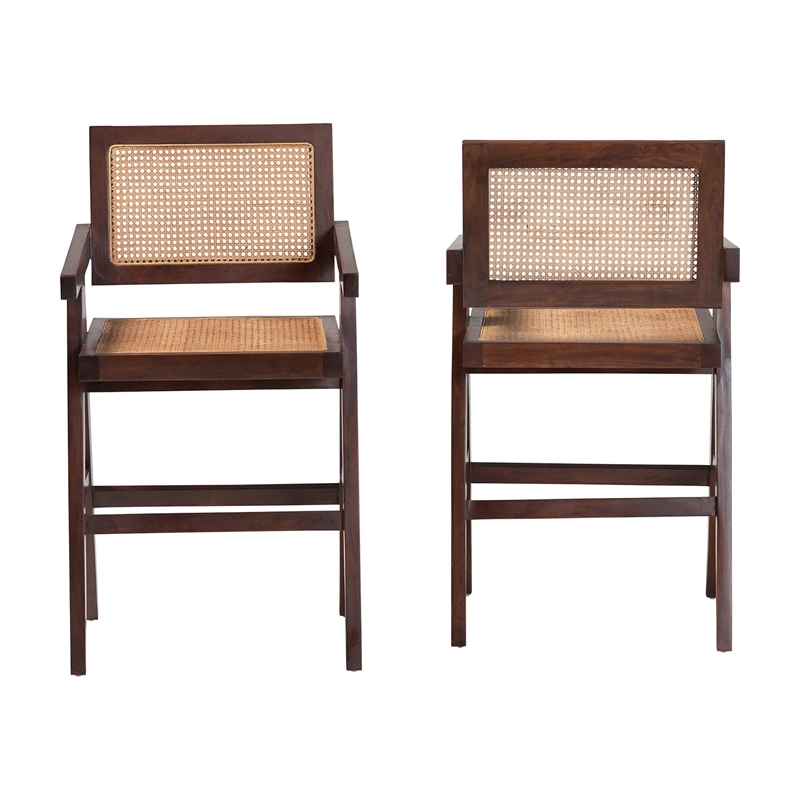 Pemberly Row Rattan Counter Stool Set of 2 with Mahogany Wood Frame