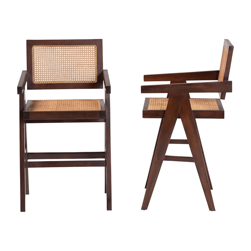 Pemberly Row Rattan Counter Stool Set of 2 with Mahogany Wood Frame