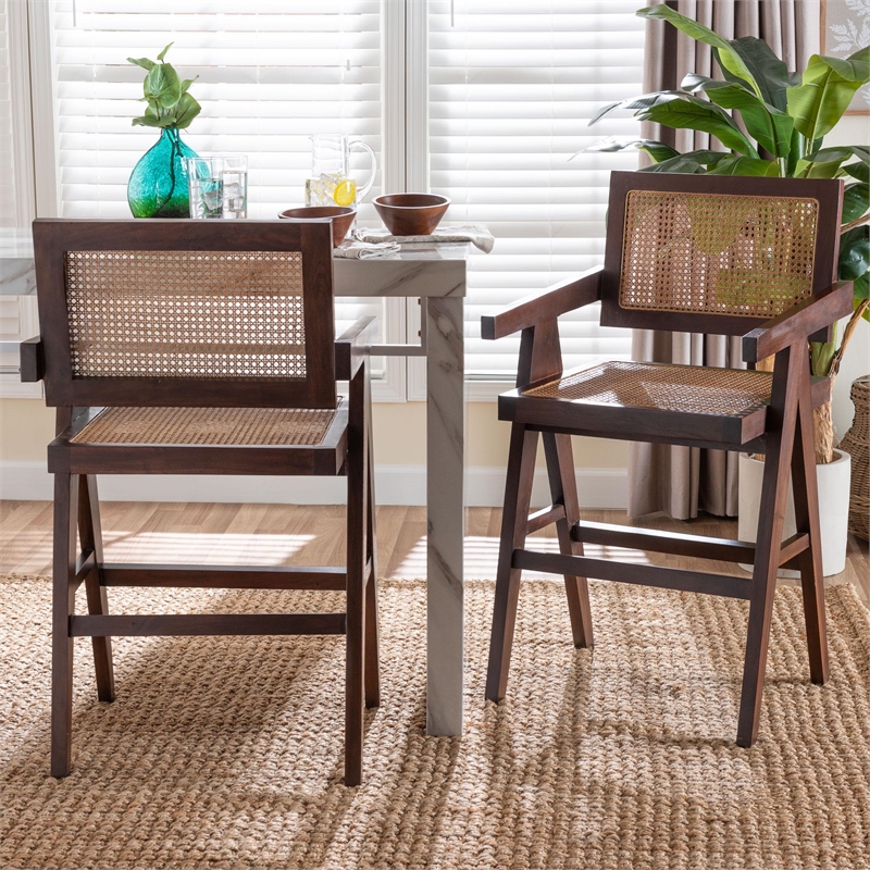 Pemberly Row Rattan Counter Stool Set of 2 with Mahogany Wood Frame